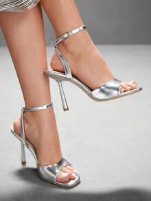 CUCCOO SZL Women's Fashionable Silver Ankle Strap Sexy Strappy Square Toe Stiletto High Heel Sandals, Suitable For Commute, Date, Party, Wedding, Vacation