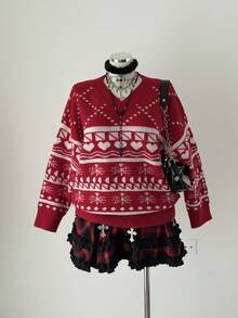 Sunspun Plus Size Women Heart Pattern V-Neck Long Sleeve Loose Pullover Sweater, Autumn/Winter - Red - View 1