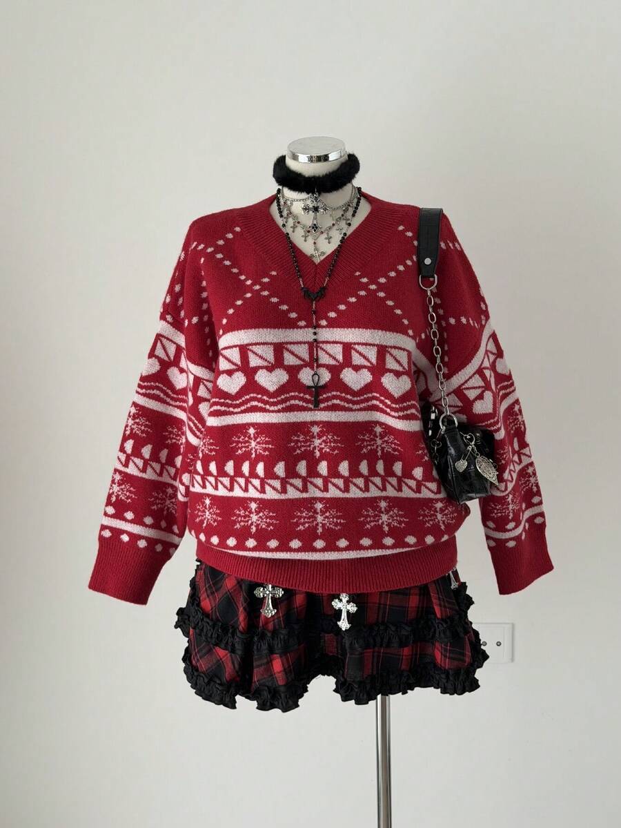 Sunspun Plus Size Women Heart Pattern V-Neck Long Sleeve Loose Pullover Sweater, Autumn/Winter - Red - View 1