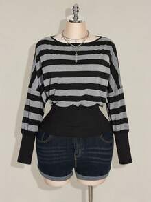 SHEIN ICON Camiseta de punto de cuello redondo, cintura delgada, estilo casual, a rayas grises y negras, con estilo punk, grunge y milenial Y2K, para tallas grandes y sexy - Negro - Ver 4