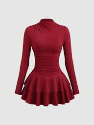 SHEIN PETITE Vestido vintage de manga larga, cuello alto y cintura fruncida en color rojo para mujer, otoño/invierno
