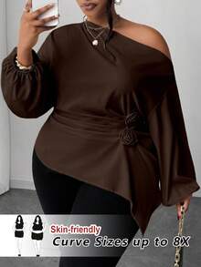 SHEIN CURVE+ Plus Size Women's Elegant Ruched Rose Shoulder Asymmetric Hem Blouse, Simple Design, Suitable For Work, Spring/Autumn/Winter - Brown - View 1
