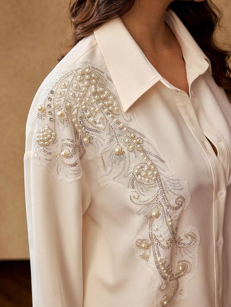 Conjunto de 2 piezas de camisa y pantalones de oficina para mujer de talla grande de primavera/otoño en unicolor con lentejuelas, bordados y abalorios