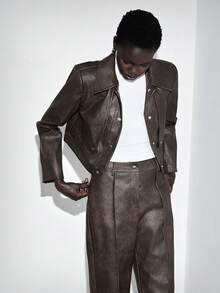 Lumivelle Women's Fashion Lapel Fitted Long Sleeve Jacket + Straight Leg PU Leather Pants Suit Brown Leather Pants Leather Suit Leather Outfit - Coffee Brown - View 3