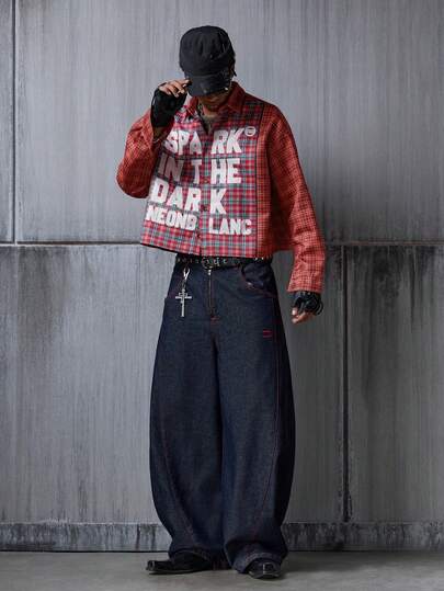 NEON BLANC Men's Autumn Fashionable Plaid Patchwork Slogan Print Shirt