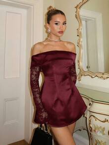 Glamine Charm Elegant damklänning med off-shoulder-detaljer i spets, lämplig för födelsedagsfest, skolstart, examensdans, systrafest, eftermiddagste - Bourgogne - Visa 3