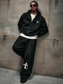 AXEPEAK 男士宽松印花套头连帽衫和休闲运动裤套装，冬季款