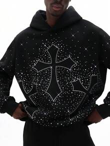 SUMWON Rhinestone Cross Pattern Oversized Pullover Hoodie With Sparkling Star Embellishments Winter Sweatshirt Casual - Black - View 5