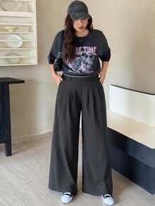 Dazy Plus Color Block Waistband Loose Casual Business Commute Invisible Zipper Straight Leg Long Pants - Dark Grey - View 6