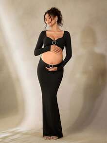 Cheriluna Maternity 2pcs Maternity Sexy Fashion Sweetheart Neck Cropped Top And Fish Tail Skirt Set, Photoshoot Outfit - Black - View 4