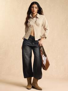 Easelle 卡其色条纹编织衬衫（女款，腰部系带） - 卡其色 - 查看 3