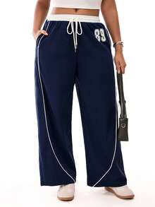 Solavibe Plus Size Contrast Color Pocket Drawstring Elastic Waist Straight Leg Casual Printed Sweatpants,Vacation - Navy Blue - View 6
