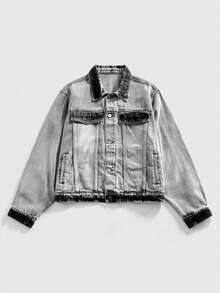 ROMWE MEN Grunge Punk Fashionable Long Sleeve Front Button Grey Denim Jacket, Unique Washed Finish - Light Grey - View 1
