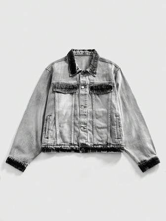 Street Life Fashionable Long Sleeve Front Button Grey Denim Jacket, Unique Washed Finish