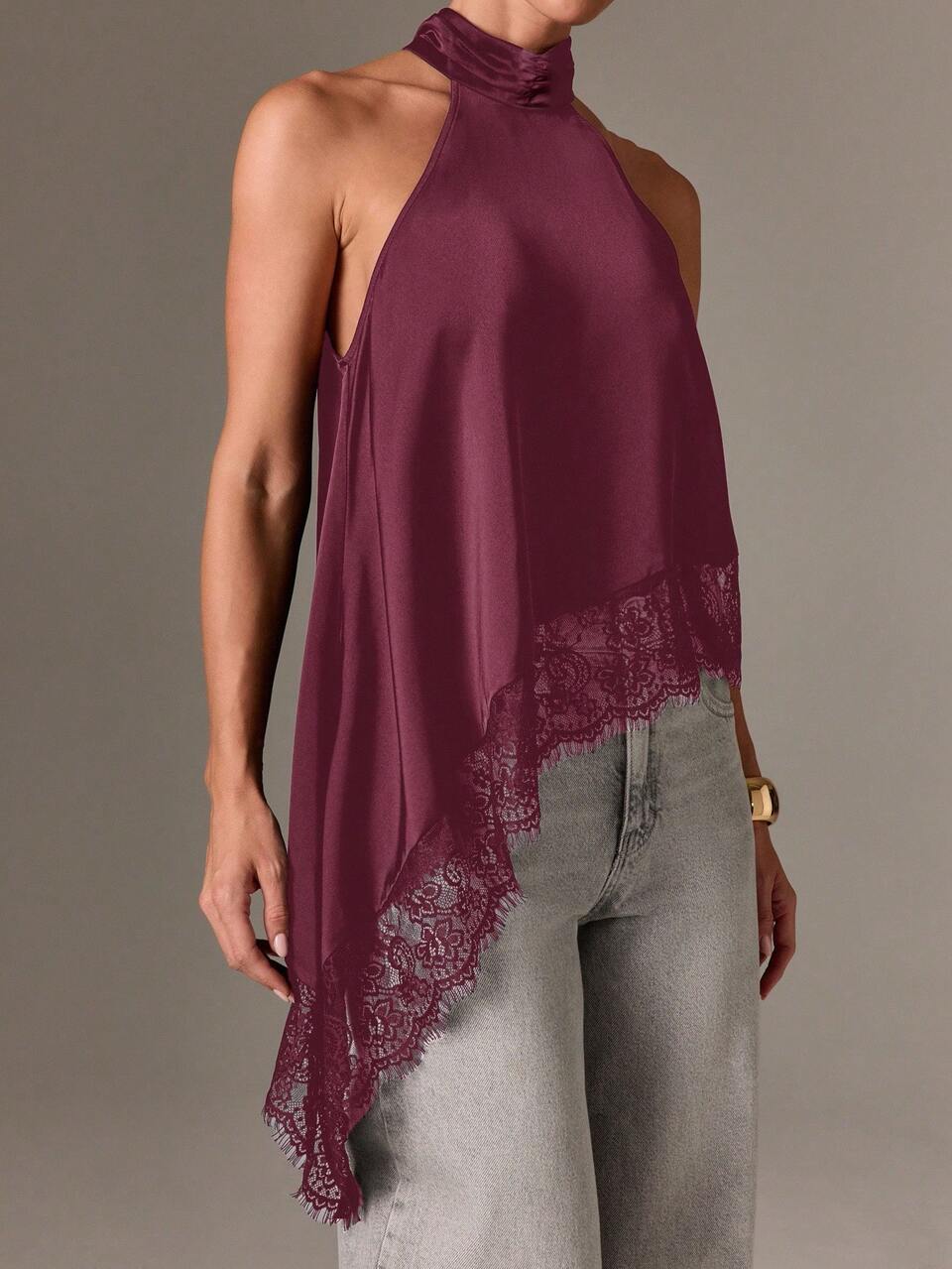 AiiRZ Asymmetric Satin Halter Top With Lace Trim｜AiiRZ