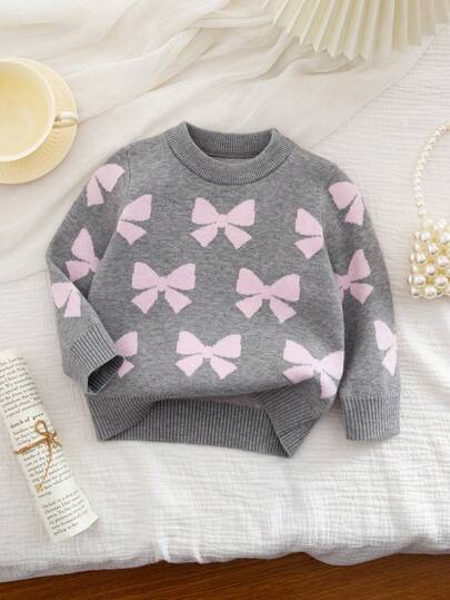 SHEIN Playful Pals Suéter casual de cuello redondo de manga larga con decoración de lazo para niña bebé