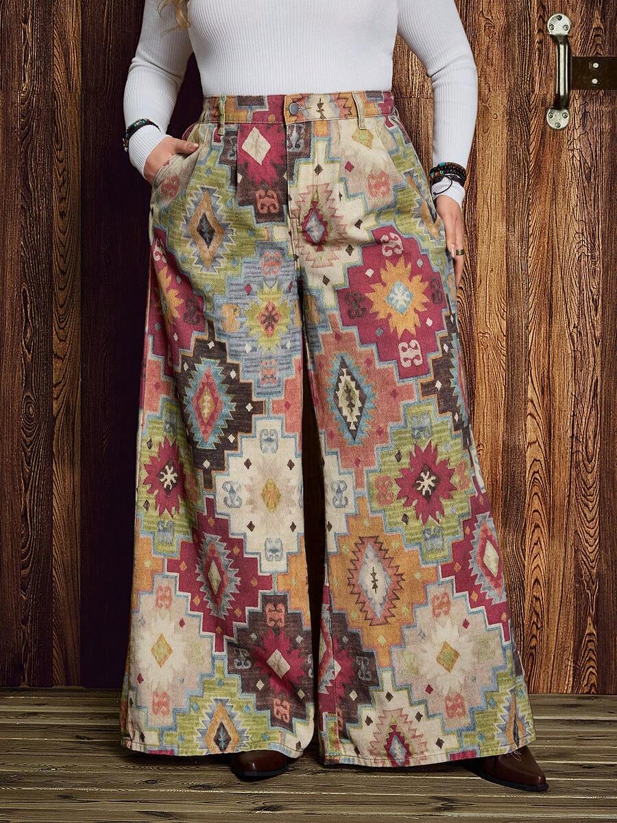 EMERY ROSE Plus Size All-Over Print Pocket Casual Loose Wide Leg Jeans Spring Summer Vacation - Multicolor - View 1