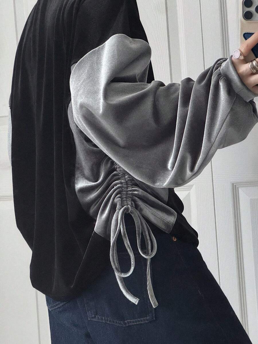 FRIFUL Women's Color Block Round Neck Drop Shoulder Long Sleeve Side Slit Drawstring Pleated Loose Casual Versatile T-Shirt, Autumn/Winter - Black - View 1