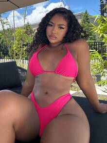 Alexandranx Solid Color V-Neck Halter Bikini Set, Beach Outfit Bathing Suit Summer,Summer Beach - Hot Pink - View 6