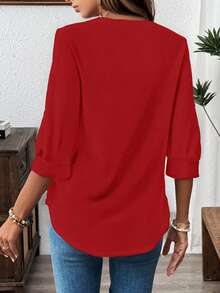 EMERY ROSE Áo thun dài tay in họa tiết Giáng sinh màu đỏ trơn cỡ lớn dành cho nữ, cổ chữ V, phù hợp cho mùa thu/đông - Nhiều màu - Xem 2