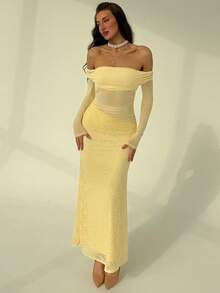 Aloruh Vestido elegante de manga larga ajustado con hombros descubiertos y pliegues de unicolor de largo medio para mujer - Amarillo - Ver 7
