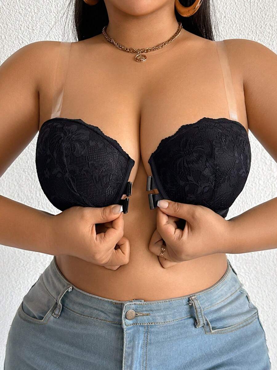 Plus Size Strapless Lace Bralette With Front Closure, Romantic Lingerie - Black - View 1