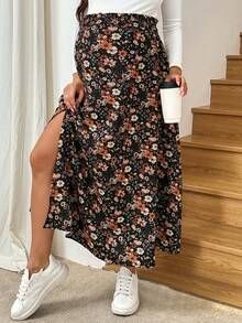 SHEIN Falda de embarazo casual con estampado y dobladillo dividido - Negro - Ver 5