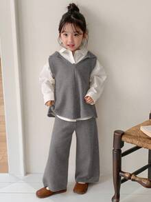 DAZY 2件套女童连帽无袖背心和宽松针织裤套装 - 灰色 - 查看 3