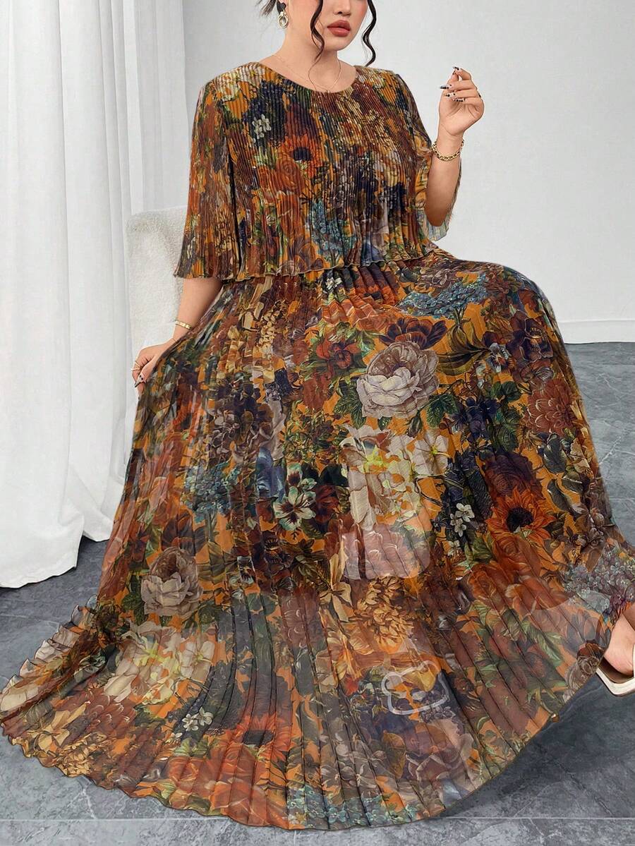 Reflora 大码女式夏装，优雅褶皱雪纺连衣裙，半透明长裙，漂亮飘逸连衣裙 - 彩色 - 查看 1