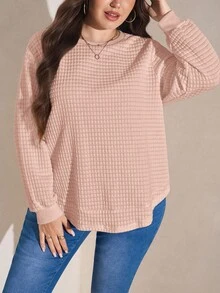 EMERY ROSE Plus Size Women's Solid Color Minimalist Casual Crew Neck Long Sleeve Sweatshirt Sweater Plus Size Plus Size Long Sleeve Top Plus Size Solid Color Ribbed Knit T Shirt Plus Size Casual Tops Plus Size Women Clothes Blouse Autumn Winter Clothes For Women - Pink - View 4