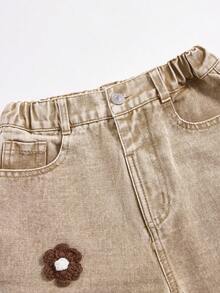 ChillGRL Tween Girl One-Piece Denim Wide-Leg Pants, Vintage Distressed Aesthetic, Cute & Sweet Casual College Style Vacation Recommendation. Classic Washed Denim In Khaki, Coffee + White Handmade Floral Crochet Detailing, Sweet & Playful. - Khaki - View 4