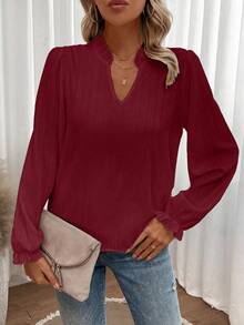 EMERY ROSE Camisa de manga larga elegante de cuello con muesca de unicolor para oficina, con patrón floral aleatorio - Burdeos - Ver 5