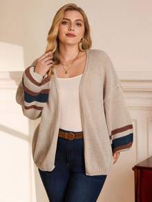 Rosumi 大码休闲撞色条纹开衫，秋冬 - 杏色 - 查看 5