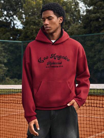 SWAVVY Men's Letter Embroidery Drop Shoulder Long Sleeve Pocket Casual Hoodie, Autumn/Winter