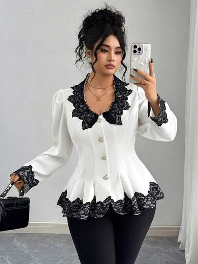 Elenzga 大码优雅通勤色块蕾丝拼布束腰西装外套