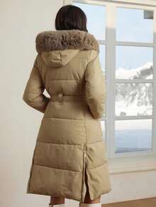 全新修身腰带休闲时尚简约拉链可拆卸仿毛领夹棉大衣 - 卡其色 - 查看 2
