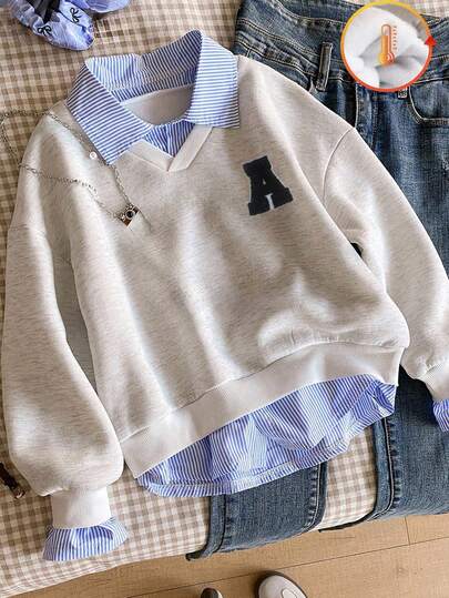 Genkimix Kids Tween Girls' Spring/Autumn/Winter Casual Korean Style Sweatshirt, Woven Fabric Collar, Blue & White Striped Pattern With White Flower & Solid Gray, Black Letter A & English Graphic, Ribbed Collar/Cuffs/Hem, Long Sleeve Layered Look Suitable For School, Casual, Photo Shoot, Party, Holiday In Autumn/Winter