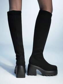 Sugerpunk 女式哥特式圆头粗跟网眼弹力过膝靴，时尚户外春秋新款一脚蹬款式