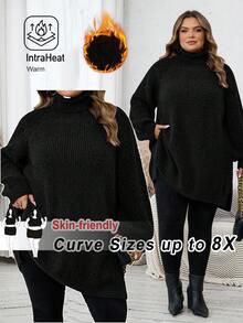 SHEIN CURVE+ 大码女式高领长袖宽松休闲套头毛衣，秋冬款 - 黑色 - 查看 4