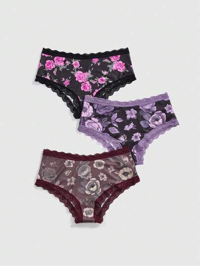Sweetness 3pcs/Set Romantic Rose Lace Trim Panty Set