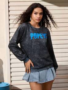 Popeye X SHEIN Áo nỉ trễ vai in chữ và nhân vật hoạt hình thường ngày dành cho nữ, mùa thu - Màu xám đen - Xem 3