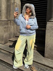 Muchica Áo nỉ trùm đầu tay dài màu trơn có khóa kéo phía trước cỡ lớn dành cho nữ, cổ lông - Xám - Xem 8