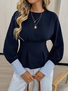 Easowa Elegant Women's Navy Blue Top Blouse Round Neck Striped Cuff Waist Pleated Hem Fashionable Blouse Elegant Women's Blouse Women's Crop Top Long Sleeve Top Tops For Women Work Outfits For Women Winter Women Business Casual For Women Dark Blue Top Navy Blue Blouse Peplum Top Women Business Casual Woman Top Peplum Blouse Blue Long Sleeve Top