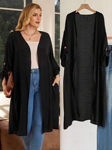 Rosumi Plus Size Women Black Color Roll Up Sleeve Casual Long Jacket Holiday Outfits Boho,Autumn,Fall Women's Clothes,Fall Clothes,Country Concert Clothing Outfits,Fall Women Clothes Winter