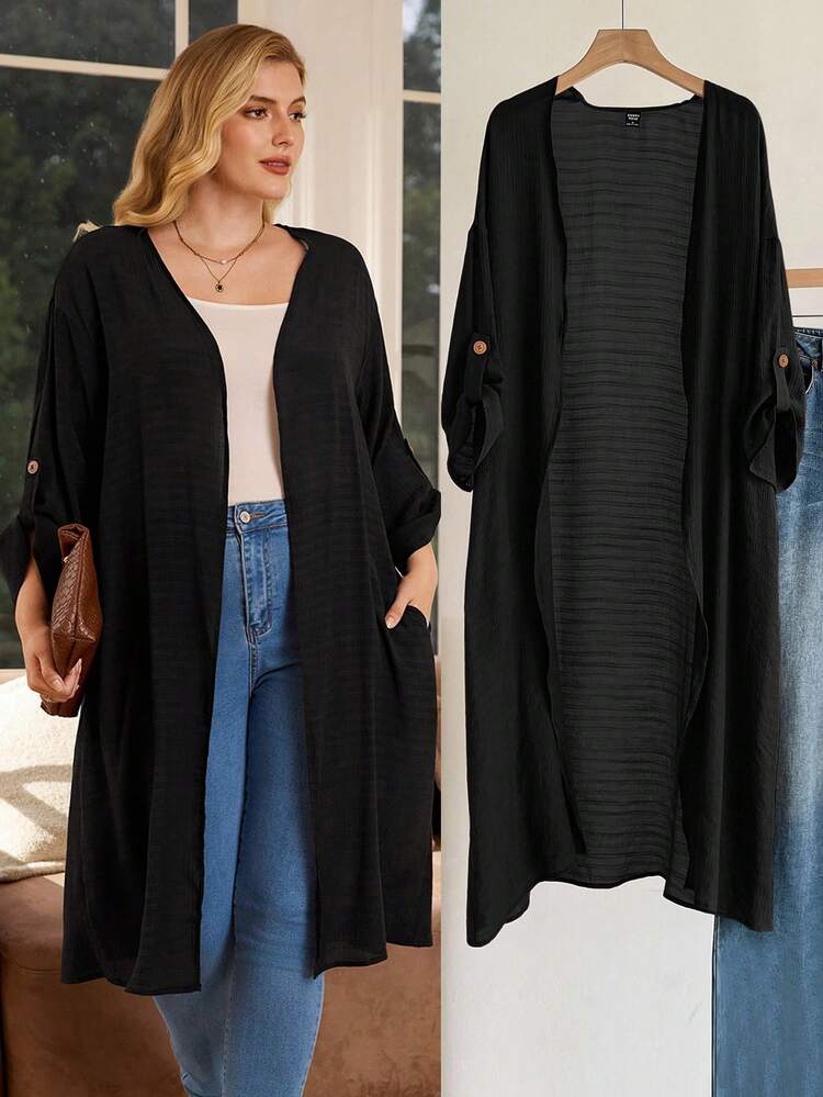 Plus Size Women Black Color Roll Up Sleeve Casual Long Coat Holiday Boho,Autumn,Fall,Country Concert,Fall,Spring