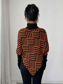 Elenzga Women's Elegant High Neck Geometric Textured Poncho Sweater, Colorblock, Suitable For Home & Travel, Spring/Autumn - Orange - View 2