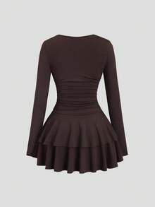 Sweetra Váy mini tay dài họa tiết kim loại bất đối xứng màu cà phê thu/đông cho nữ, viền xếp nếp nhiều lớp - Cà phê - Xem 2