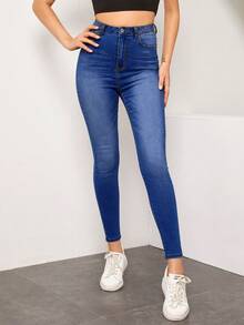 SHEIN Essnce Women's Casual Everyday Commute Simple Versatile High Waist Skinny Jeans - Blue - View 4