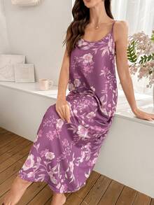 Serenescape Floral Print Long Camisole Nightgown, Casual Vacation Style - Purple - View 1