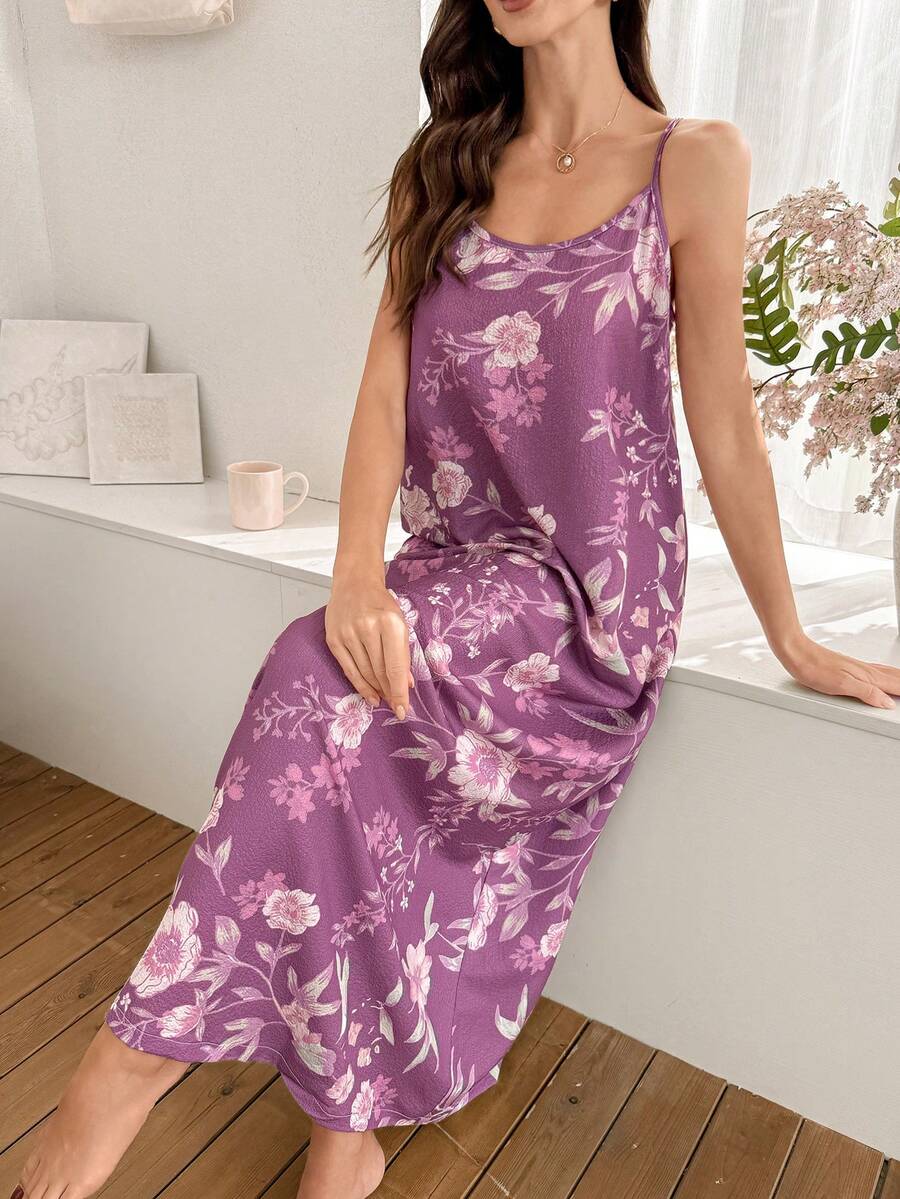 Serenescape Floral Print Long Camisole Nightgown, Casual Vacation Style - Purple - View 1